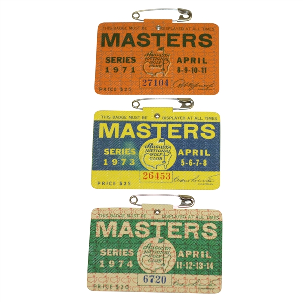 1971, 1973 & 1974 Masters Tournament Series Badges - Coody, Aaron & Player