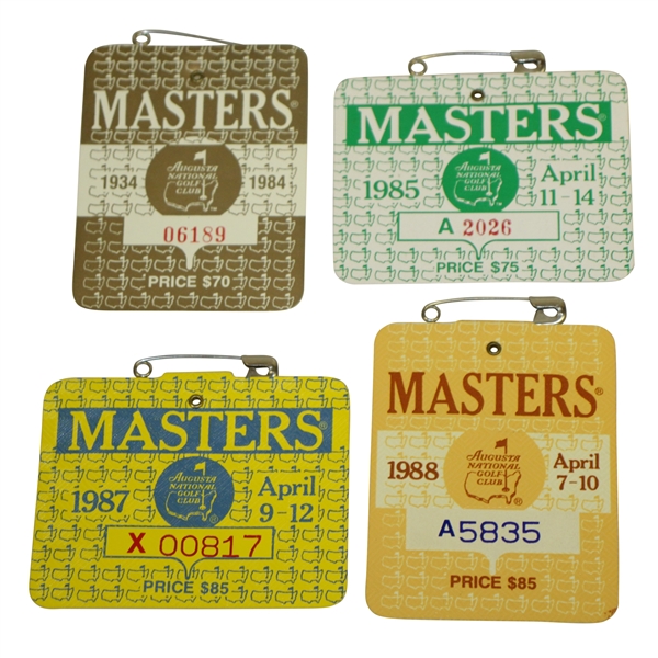 1984, 1985, 1987 & 1988 Masters Tournament Series Badges - Crenshaw, Langer, Mize & Lyle