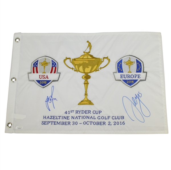 2016 Ryder Cup Limited Ed Trophy Flag Signed by Justin Rose & Sergio Garcia JSA #EE56164