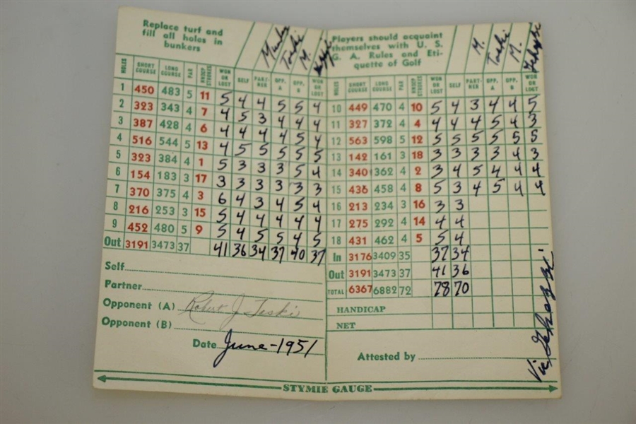 Bob Toski Signed 1951 PGA Championship at Oakmont CC Scorecard w/ Ghezzi JSA ALOA