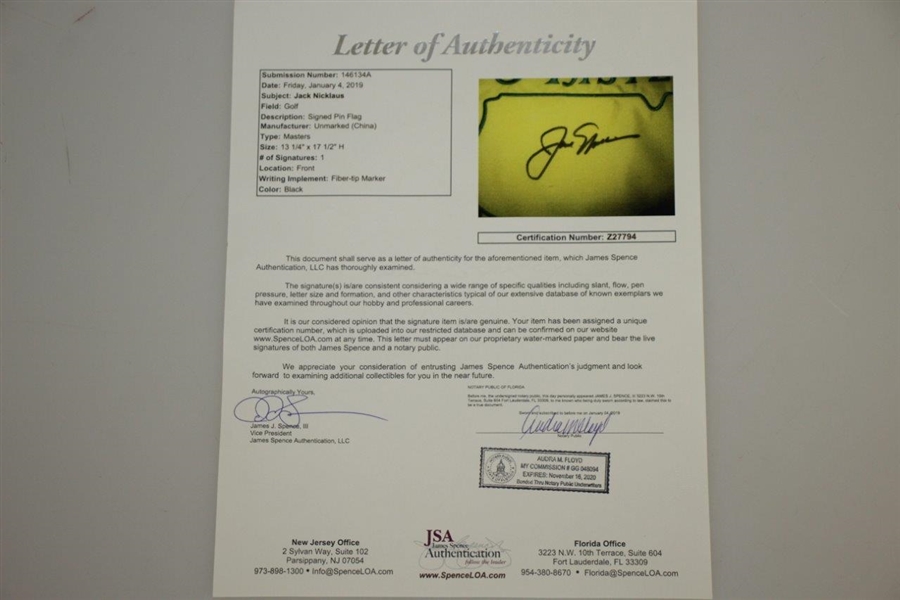 Jack Nicklaus Signed Undated Masters Embroidered Flag JSA FULL #Z27794