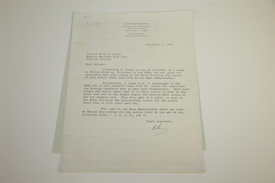 Correspondence Between Royal & Ancient & Augusta National in 1971 Regarding Scoring Arrangements
