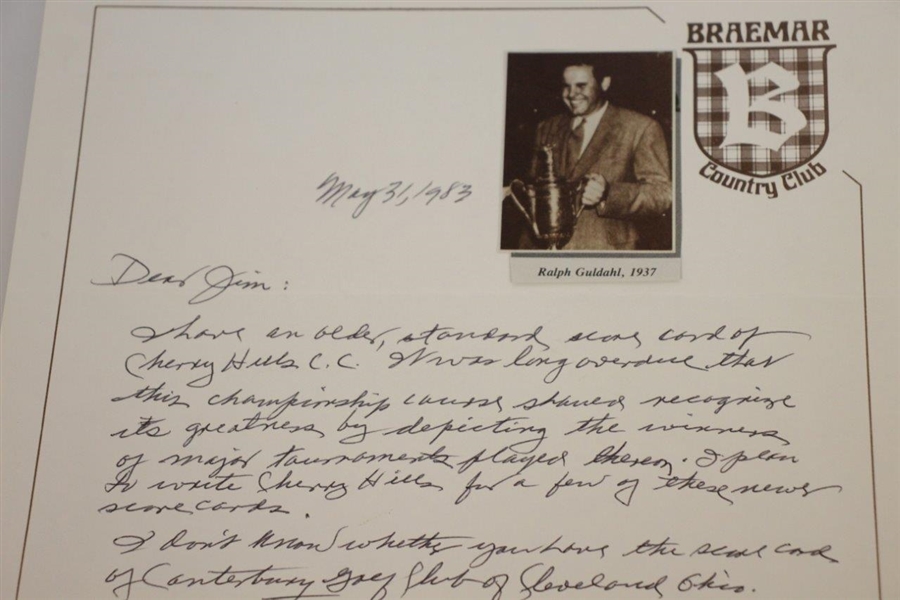 Ralph Guldahl Signed Letter On Braemar CC Stationary Canterbury & Cherry Hills Mentions JSA ALOA