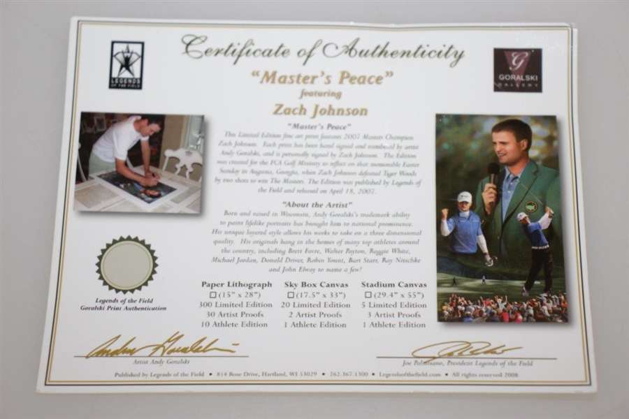 Zach Johnson Signed Ltd Ed 2007 Master's Peace #203/300 Print with Certificate JSA ALOA