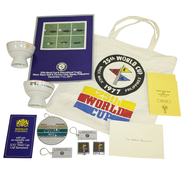 1977 World Cup Bag w/ Program, Scorecard, Pins, Cups & Other Pieces 