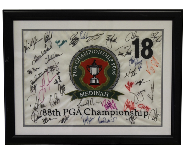 Multi-Signed 2006 PGA Embroidered Flag - 12 Major Champs with 7 PGA - Framed JSA ALOA
