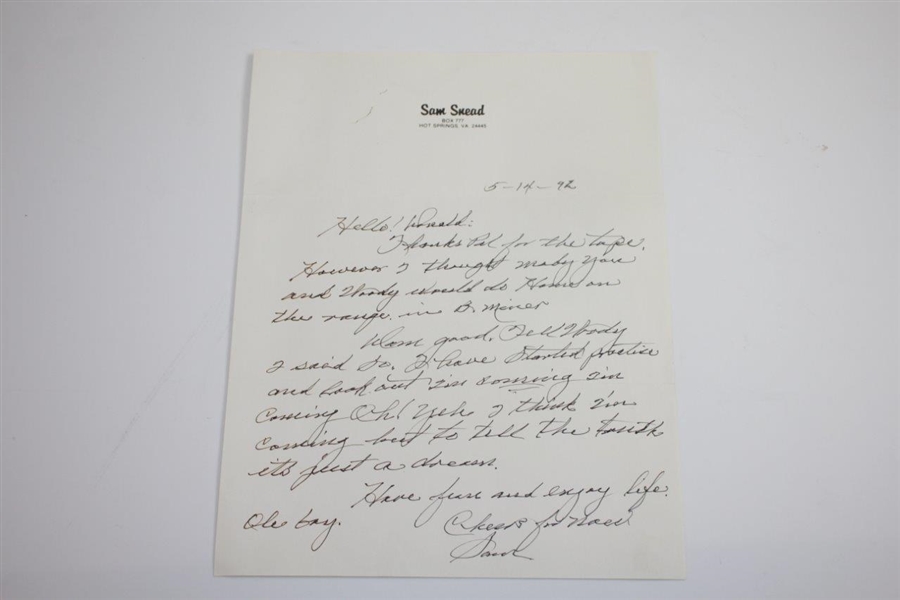 Sam Snead Signed Hand-Written Letter to Don Cherry with Two Photos JSA ALOA