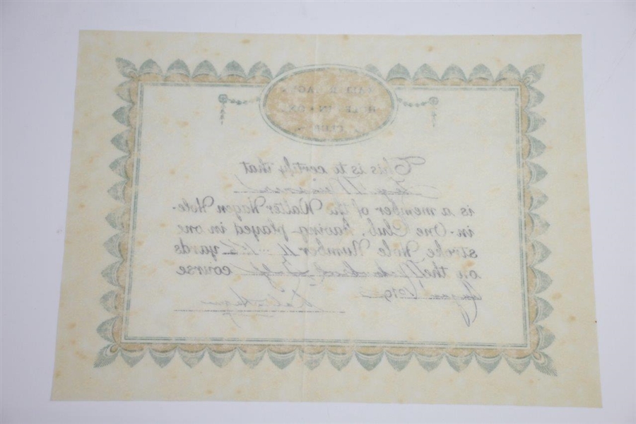 Walter Hagen Signed 1952 'Hole-In-One' Club Certificate - Great Condition JSA ALOA