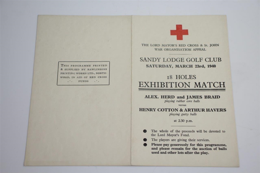 1940 Red Cross Herd/Braid vs Cotton/Havers 18 Hole Exhibition Match at Sandy Lodge GC Scorecard