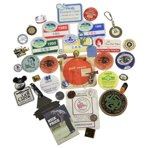 Grouping of Press Badges, Pins, Crests, Flip Book, Caddie Badges, Golf Coach Tool, and other