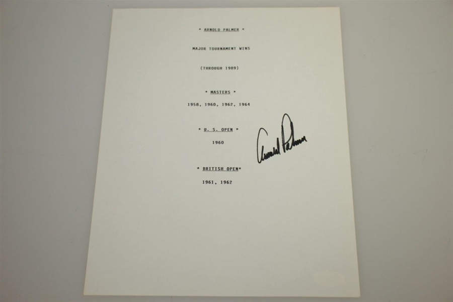 Arnold Palmer Signed Stat Sheet w/ 1962 Masters Picture JSA ALOA