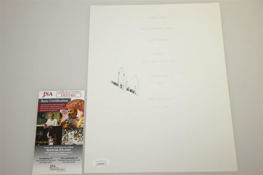 Arnold Palmer Signed Stat Sheet w/ 1962 Masters Picture JSA ALOA