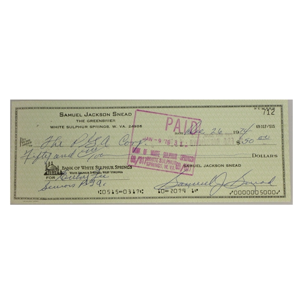 Sam J. Snead Signed Check Made Out to the PGA from 1974 JSA ALOA