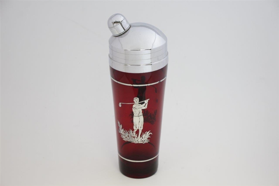 Red Glass Sterling Silver Golfer Overlay Cocktail Shaker with Cover
