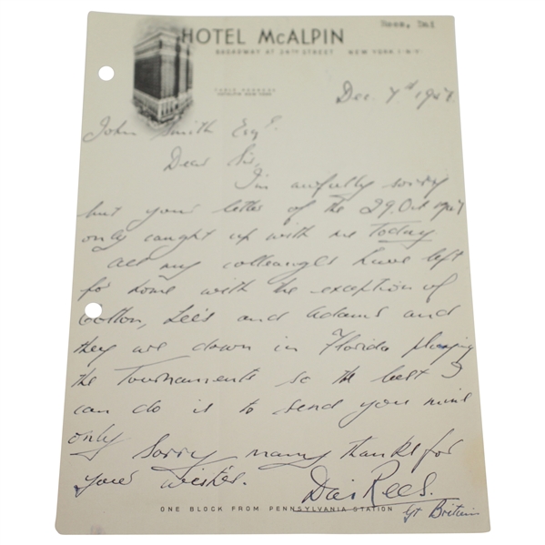Dai Rees 1947 Handwritten Signed Letter JSA ALOA