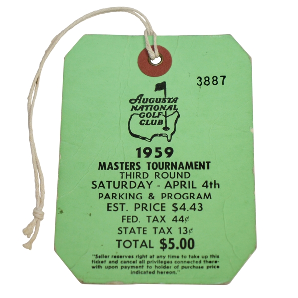 1959 Masters Tournament Third Round Ticket #3887 with Original String