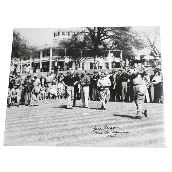 Gene Sarazen Signed Tee Off at Augusta with Jones  16x20 B&W Photo & 'Masters Champion 1935' JSA ALOA