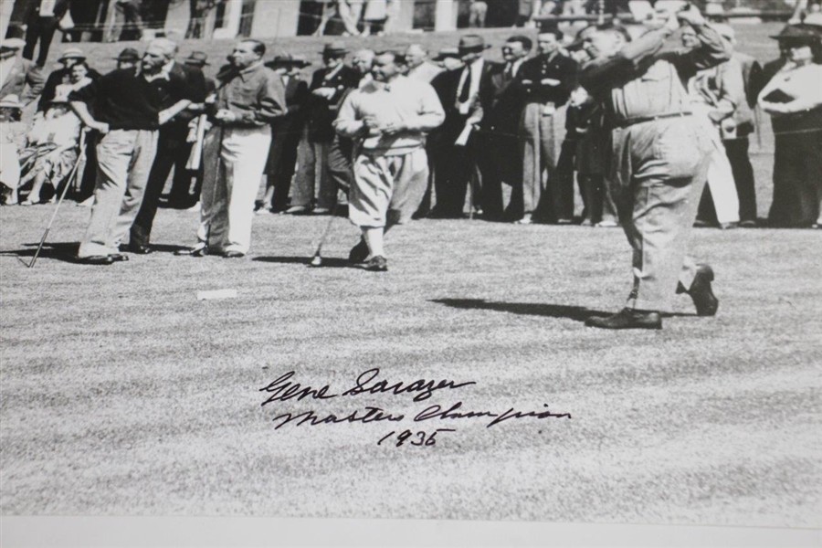 Gene Sarazen Signed Tee Off at Augusta with Jones  16x20 B&W Photo & 'Masters Champion 1935' JSA ALOA