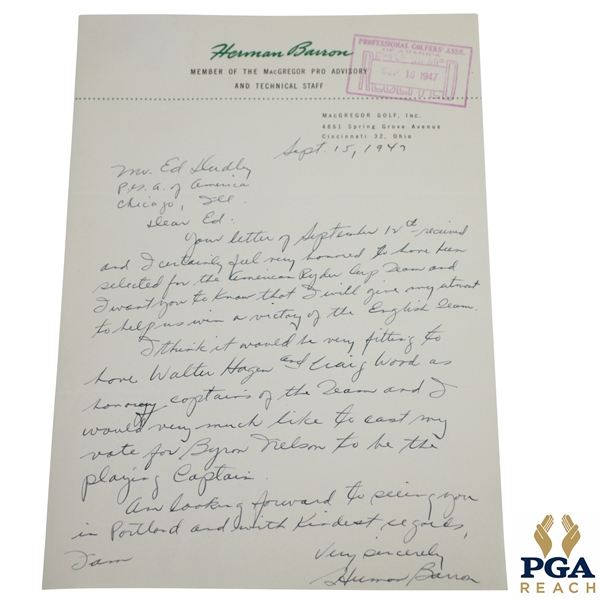 Herman Barron Signed Handwritten 1947 Ryder Cup Team Nomination Acceptance Letter JSA ALOA