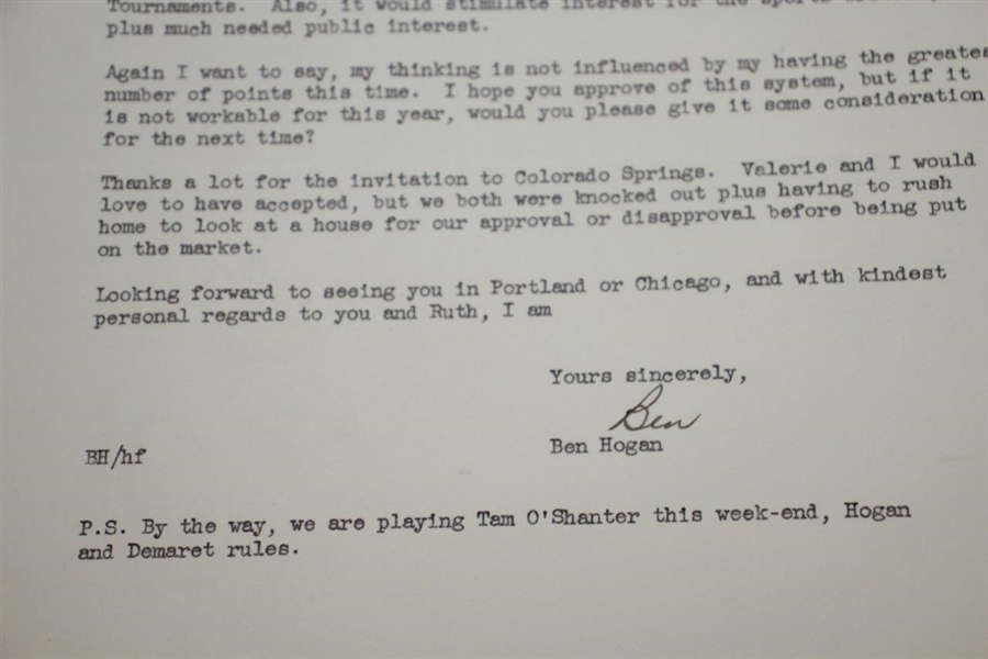 Ben Hogan Signed 1947 Letter Accepting Ryder Cup Team Member Selection JSA ALOA