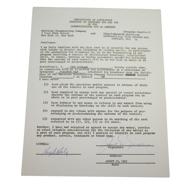 Jack Nicklaus Signed 1963 ABC 'Challenge Golf' Contract JSA ALOA