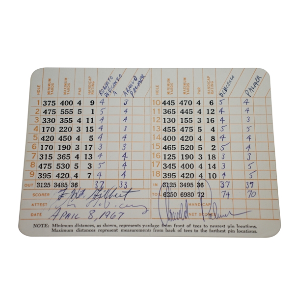Arnold Palmer Signed Saturday Round 1967 Augusta National Scorecard FULL JSA #BB29281