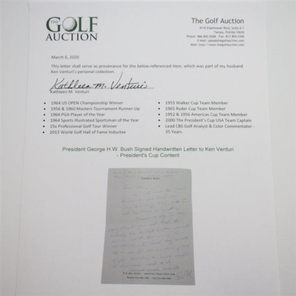 President George H.W. Bush Signed Handwritten Letter to Ken Venturi - President's Cup Content JSA ALOA