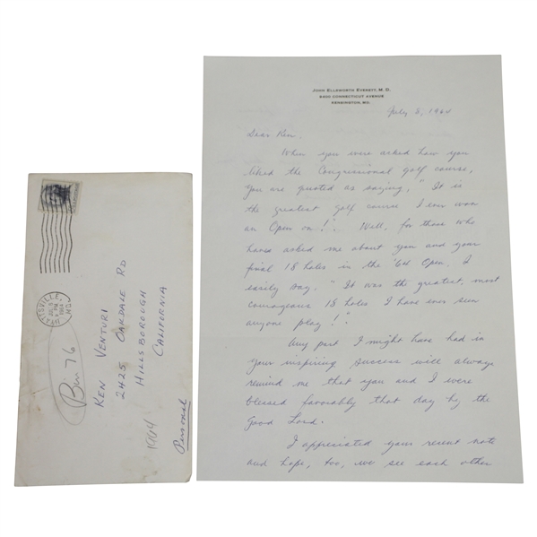 Dr. John Ellsworth Everett Handwritten 7/8/64 Letter to Ken Venturi - US Open Content
