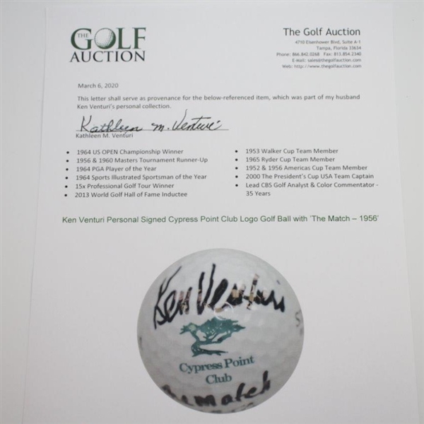 Ken Venturi's Personal Signed Cypress Point Club Golf Ball with 'The Match - 1956' JSA ALOA
