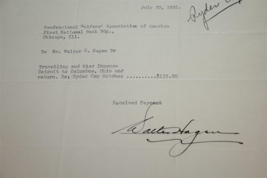 Walter Hagen Signed 1931 Ryder Cup Team Expenses Payment Reception JSA ALOA