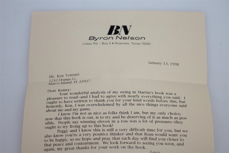 Byron Nelson Signed 1/13/98 Letter to Ken Venturi JSA ALOA