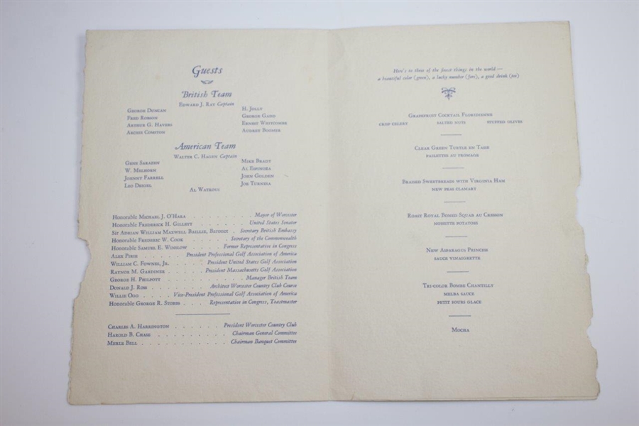 1927 Ryder Cup Banquet Menu Signed by Sixteen! Night Before Inaugural Ryder Cup Match - RARE JSA ALOA