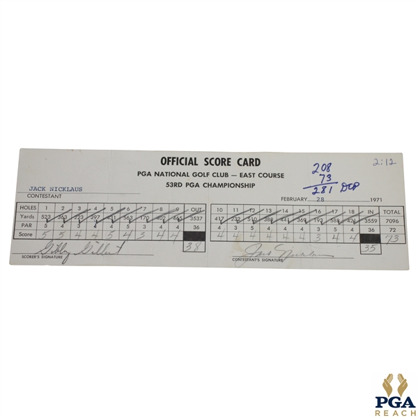 Jack Nicklaus Signed Official Used 1971 PGA Championship FINAL ROUND Scorecard - 9th of 18 Majors JSA ALOA
