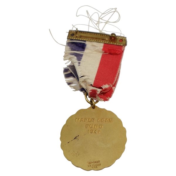 1941 Empire Day Golf Tournament Maple Leaf Fund Medal with Frayed Red, White, & Blue Ribbon