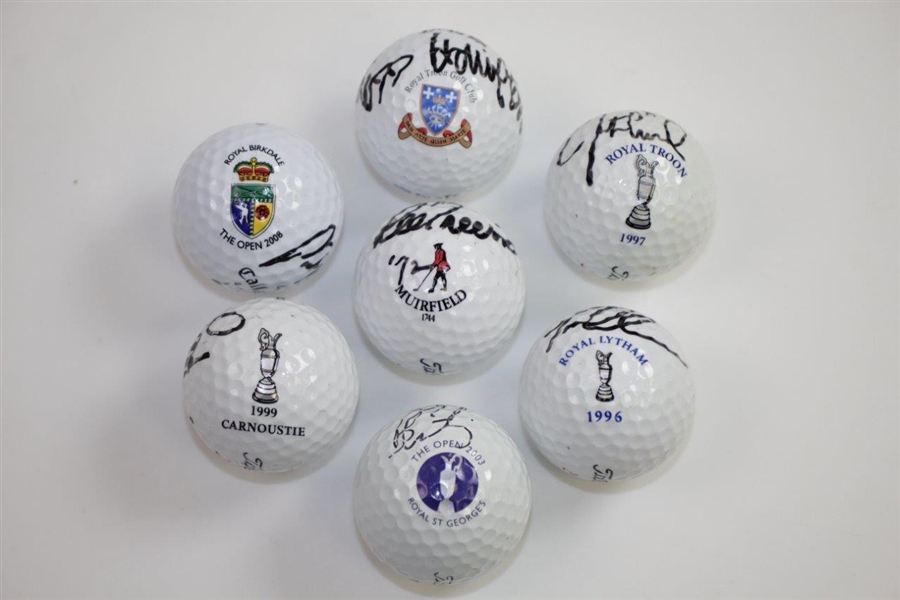 Seven OPEN Champs Signed Logo Golf Balls of Corresponding Course of Their Win JSA ALOA