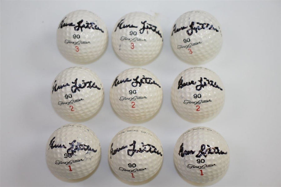 Nine Gene Littler Signed Personal Logo Golf Balls in Sleeves with Signed Box JSA ALOA