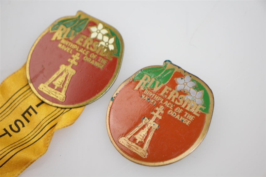 Two Riverside 'Birthplace of the Navel Orange' Contestant Badges - Rod Munday Collection