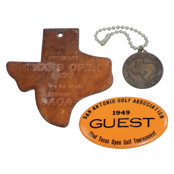 1948, 1949, & 1950 Texas Open Contestant Badge, Guest Badge, & Contestant Bag Tag - Rod Munday Collection