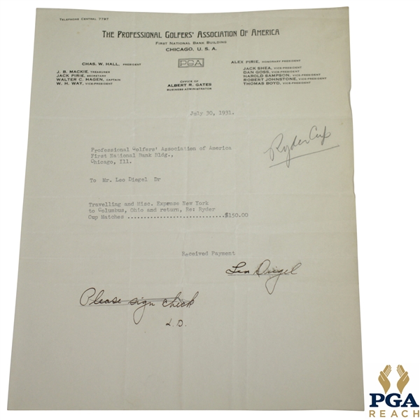 Leo Diegel Signed 1931 Ryder Cup Team Expenses Payment Reception JSA ALOA