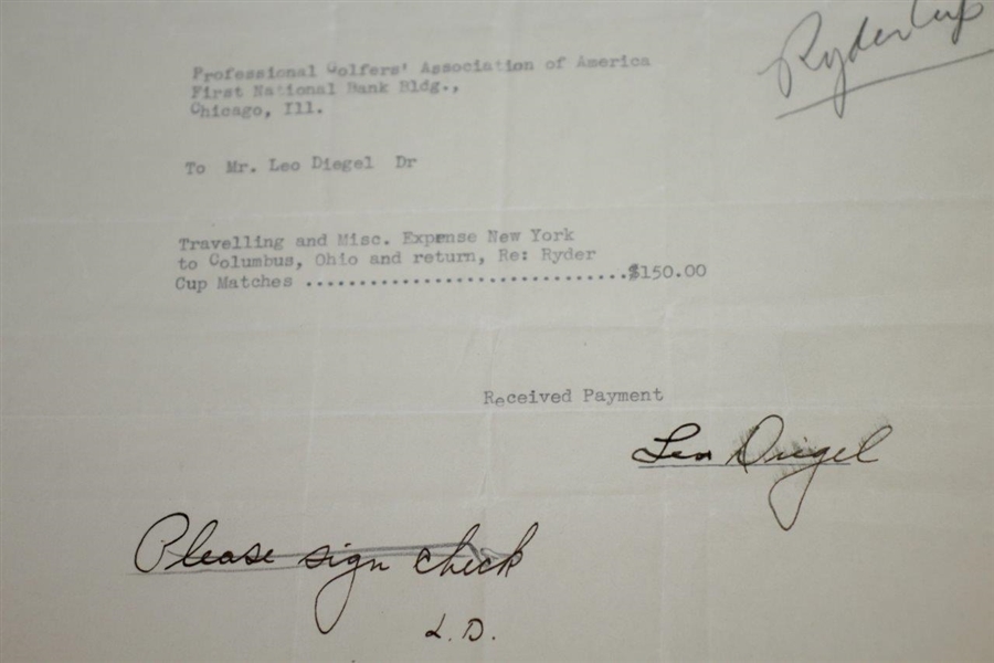 Leo Diegel Signed 1931 Ryder Cup Team Expenses Payment Reception JSA ALOA
