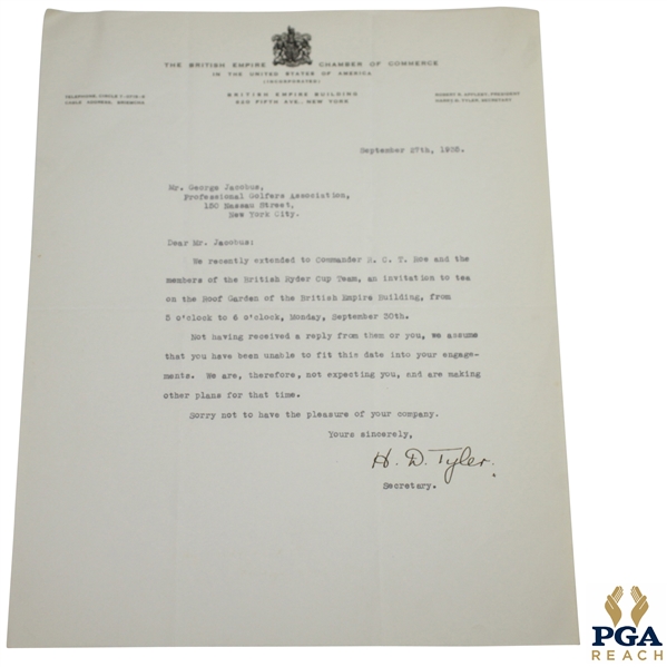 1935 British Empire Chamber of Commerce to PGA's Jacobus Inviting Teams to Lunch