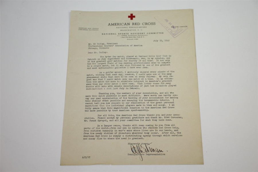 1942 American Red Cross Thank You Letter with 1942 Ryder Cup Charity Match Content