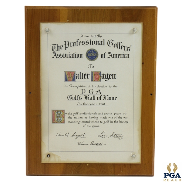 Walter Hagen's 1940 PGA Golf Hall of Fame Induction Award - Original Charter Member!