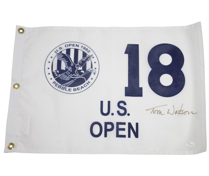 Tom Watson Signed 1982 US Open at Pebble Beach White 18 Flag FULL JSA #Z93818