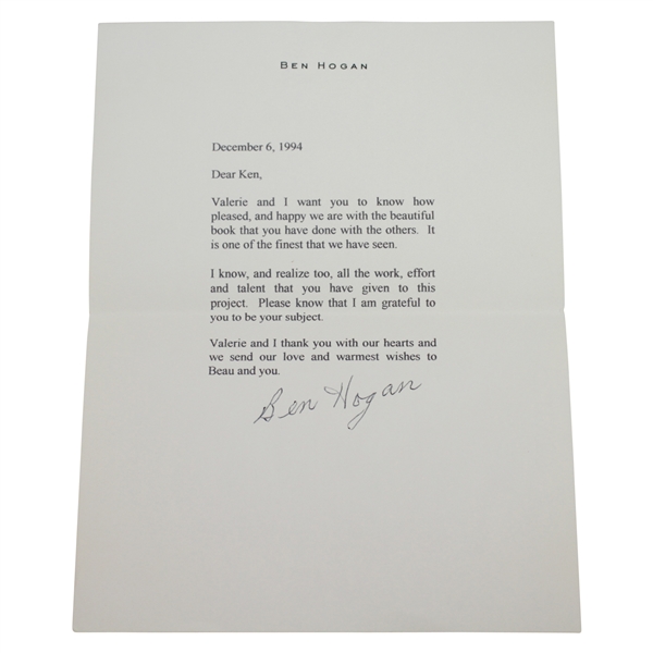 Ben Hogan's Hand Signed 1994 Letter Thanking Ken Venturi For His Work On The Hogan MystiqueJSA ALOA