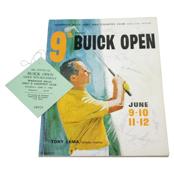 Tony Lema 2x Signed 1966 Buick Open Program with Venturi, Wall, & others - Mint Sat. Ticket JSA ALOA