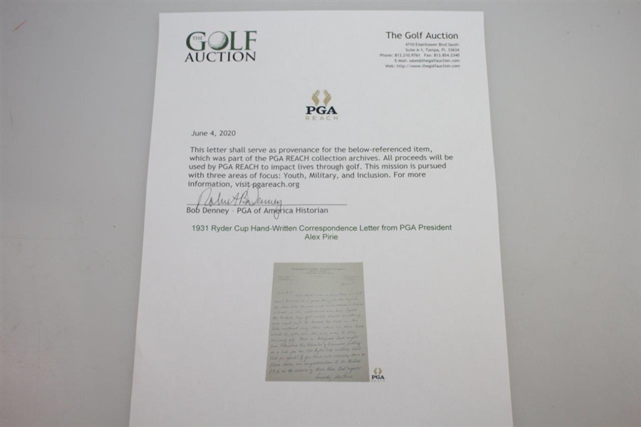 1931 Ryder Cup Hand-Written Correspondence Letter from PGA President Alex Pirie JSA ALOA