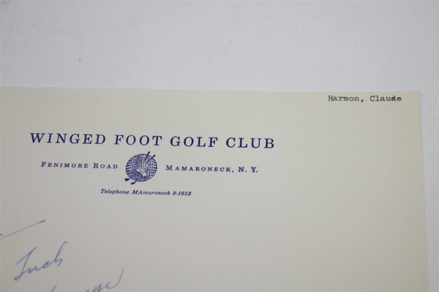 Claude Harmon Signed Winged Foot Golf Club Letterhead JSA FULL #BB29304 - TOP GRADE AUTOGRAPH