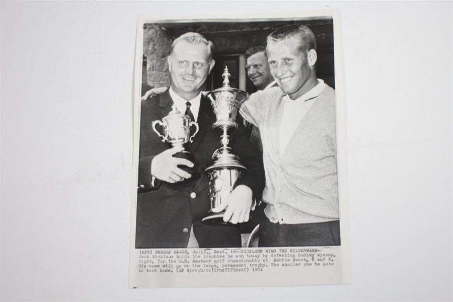 Jack Nicklaus Wins 1961 Amateur at Pebble Beach Wire Photo Holding Multiple Trophies