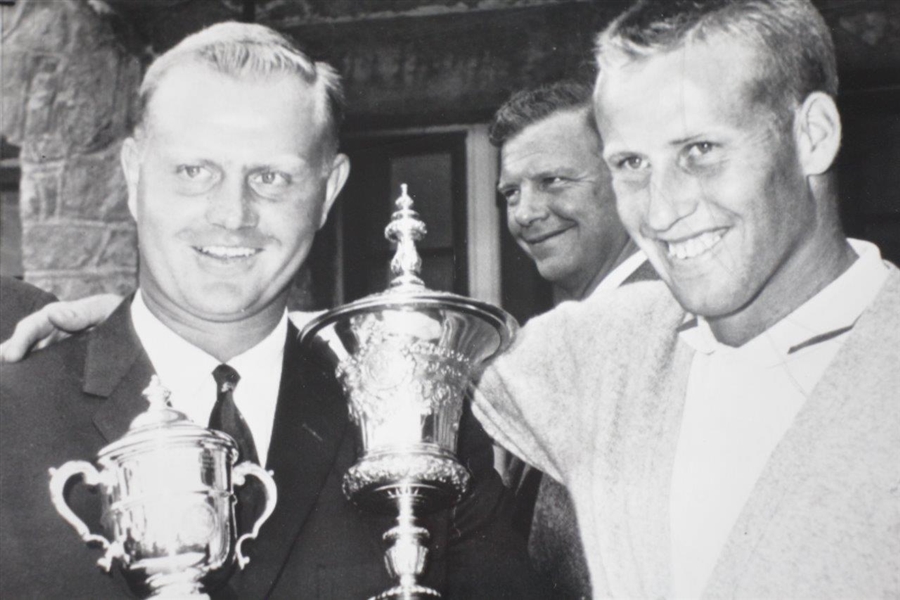 Jack Nicklaus Wins 1961 Amateur at Pebble Beach Wire Photo Holding Multiple Trophies